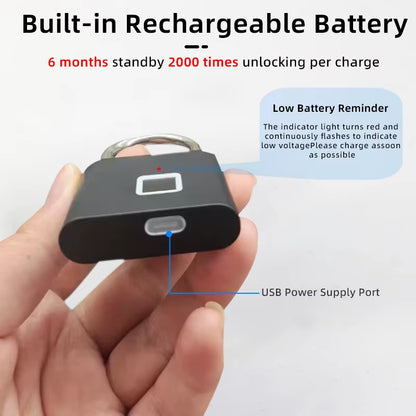 P2 Smart Fingerprint Padlock Waterproof Zinc Alloy Biometric Padlocks with Buit-In Rechargeable Battery